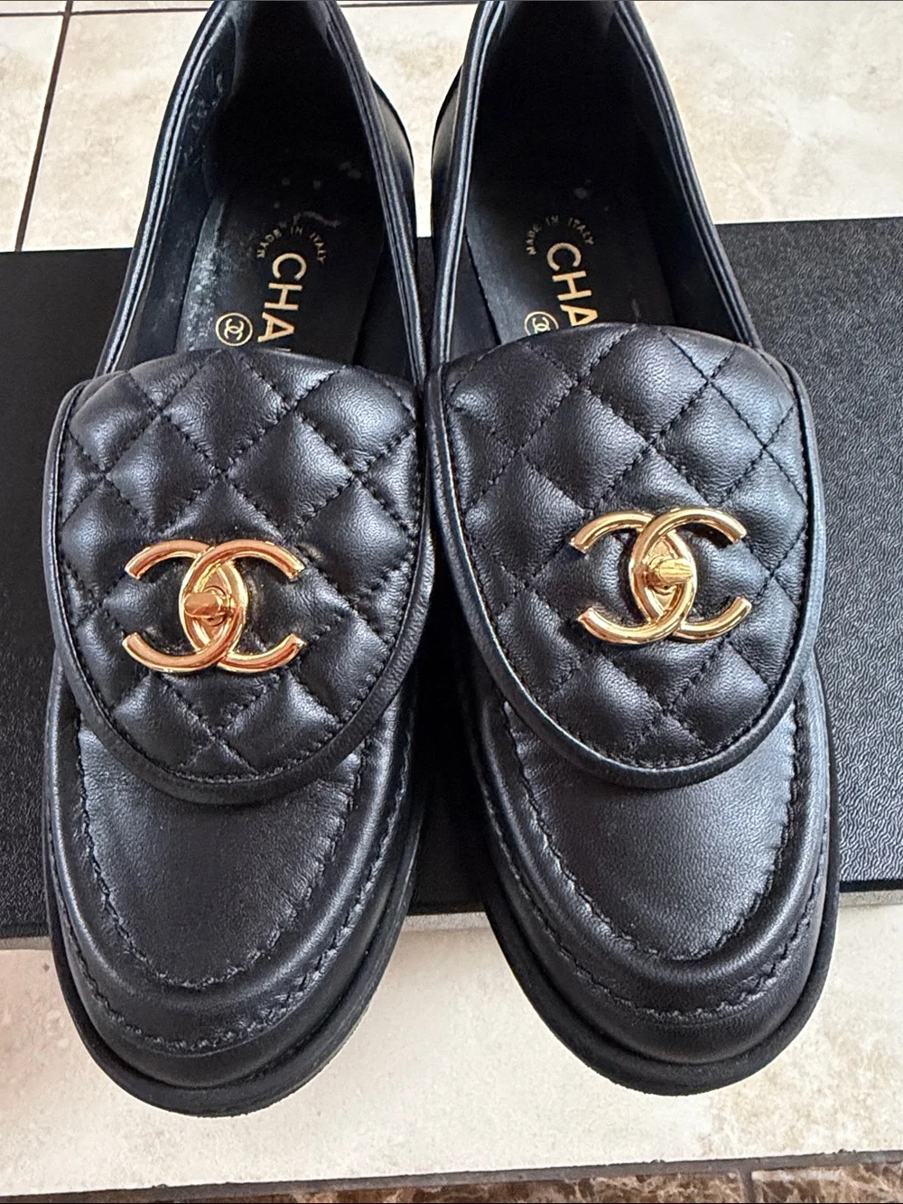 CHANEL Black Quilted Leather Loafers with Gold CC Hardware